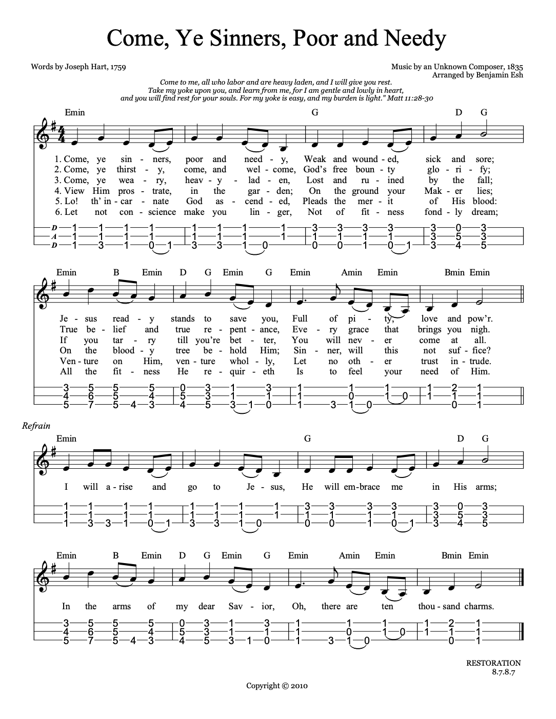 Come Ye Sinners arrangement from The Dulcimer Hymnal: Volume 2